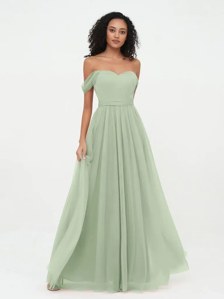 robe vert mariage - robe demoiselle d'honneur vert sauge princesse en tulle à epaules dénudées avec noeud à ceinture chez babaroni